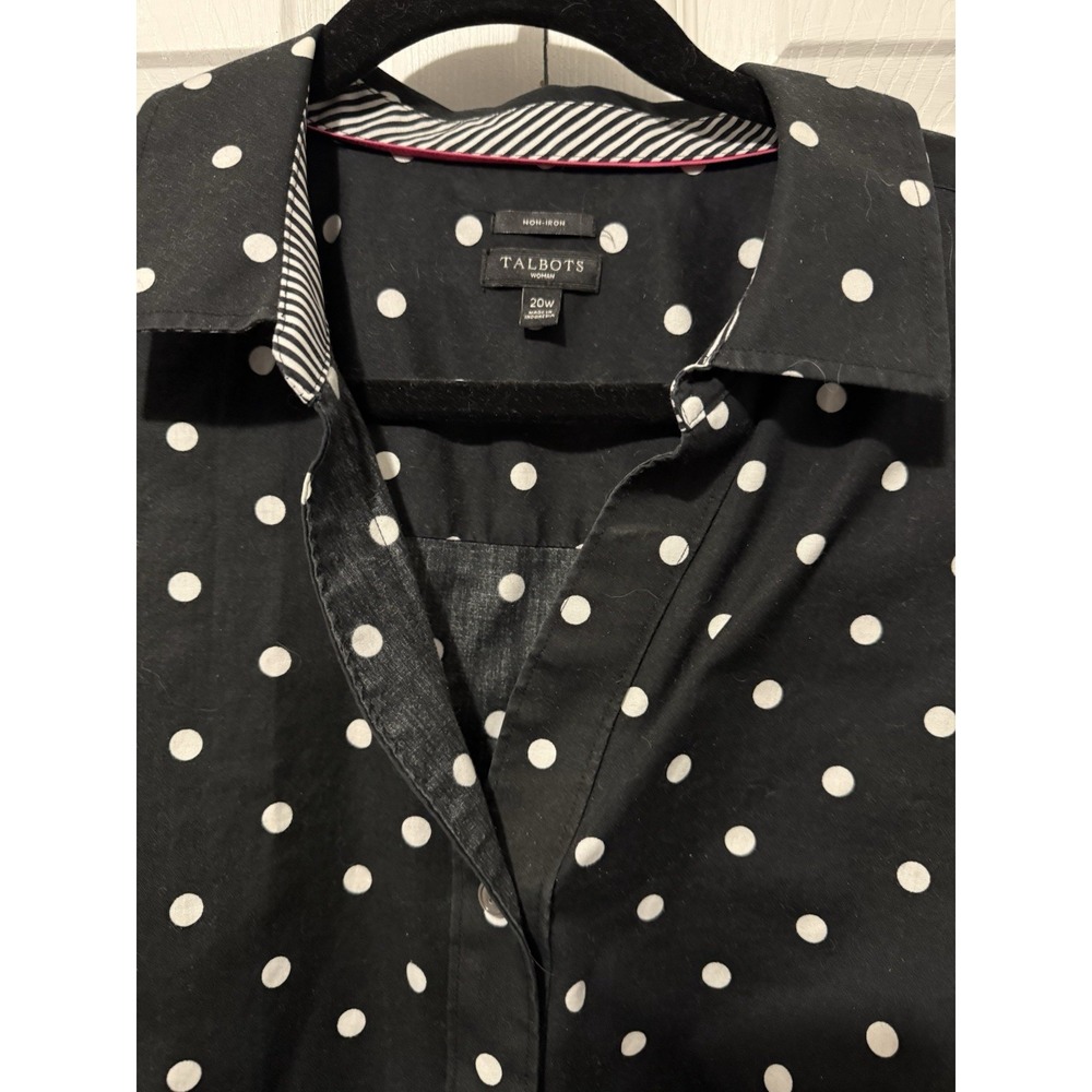 Talbots Womens 20W Black White Polka Dot Button Down Shirt Striped Cuff Non Iron - Picture 5 of 7